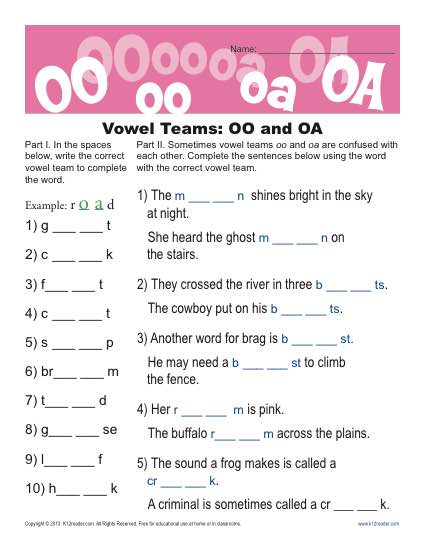 OO and OA Vowel Worksheets