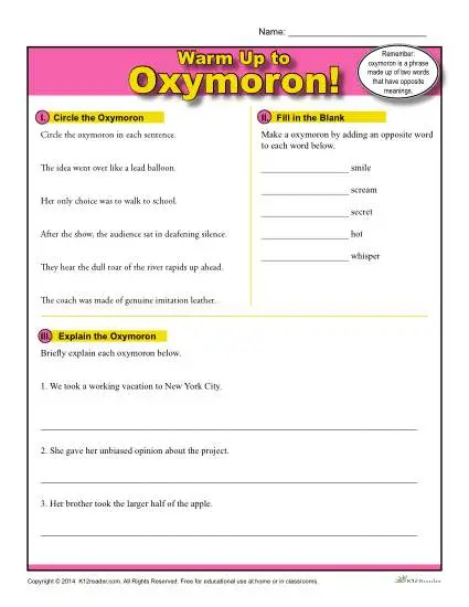 Printable Oxymoron Warm Up Activity for Class or Home