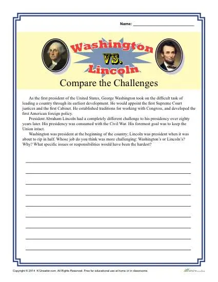 Presidents' Day Printable Worksheet Activity - Washington Versus Lincoln - Compare the Challenges