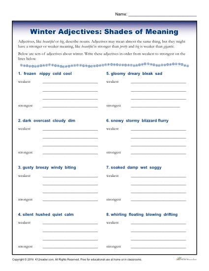 Winter Adjectives Worksheet- Shades of Meaning