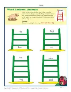 Animals Word Ladders Worksheet for 2nd, 3rd and 4th Grade