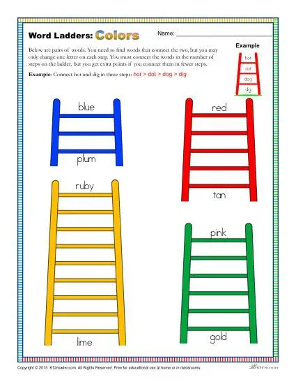 Colors Word Ladders Worksheet for 2nd, 3rd and 4th Grade