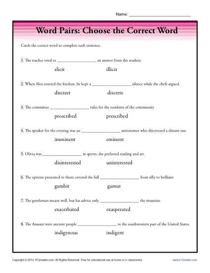 Word Pairs Worksheet Activity - Choose the Correct Word