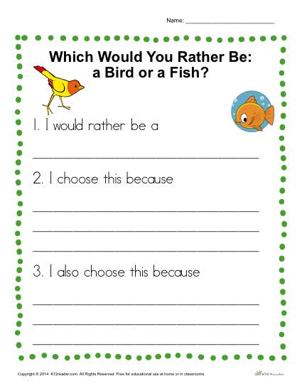 Kindergarten Writing Prompt - Would You Rather be a Bird or a Fish?