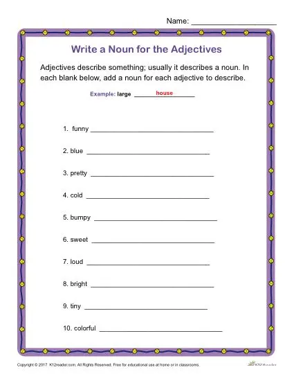 Write a Noun for the Adjectives | Printable Grammar Worksheet