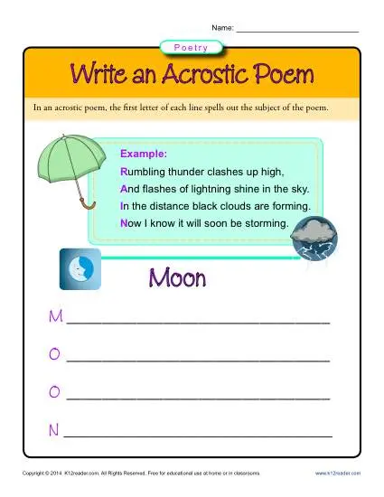 Poetry Worksheet Activity - Write an Acrostic Poem