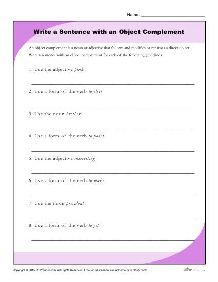 Write a Sentence with an Object Complement - Printable Worksheet