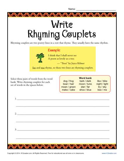 Poetry Worksheet Activity - Write Rhyming Couplets