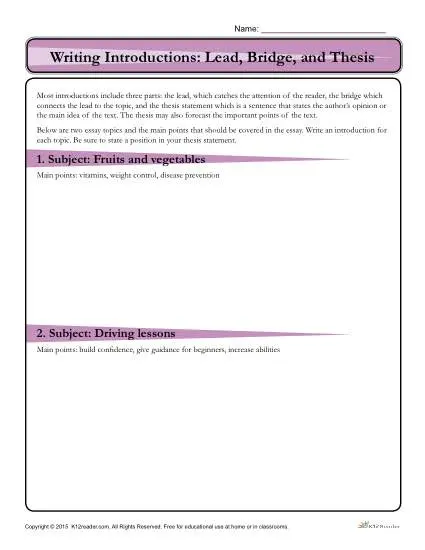 How to Write an Introduction Worksheet: Lead, Bridge and Thesis