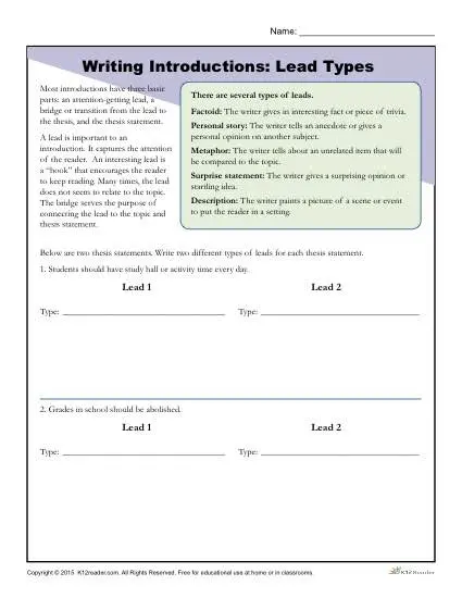 thesis statement 6th grade worksheet