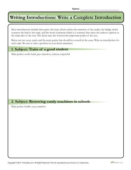 How to Write an Introduction Worksheet Activity