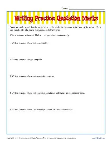 Writing Practice: Quotation Marks  Punctuation Worksheets