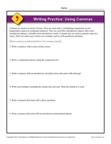 Using Commas Worksheet Answers