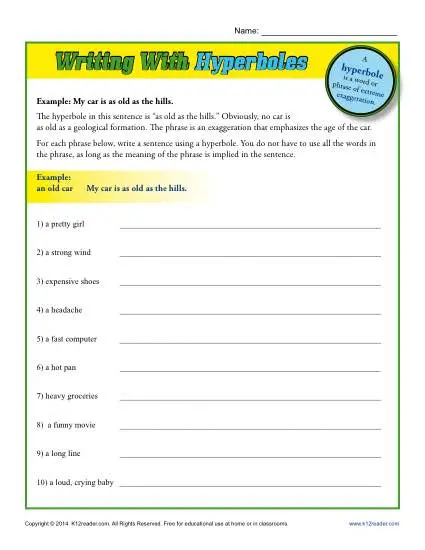 writing with hyperboles hyperbole worksheets