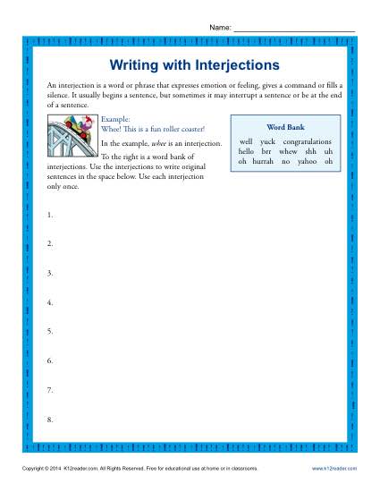 Writing Worksheet Activity - Interjections