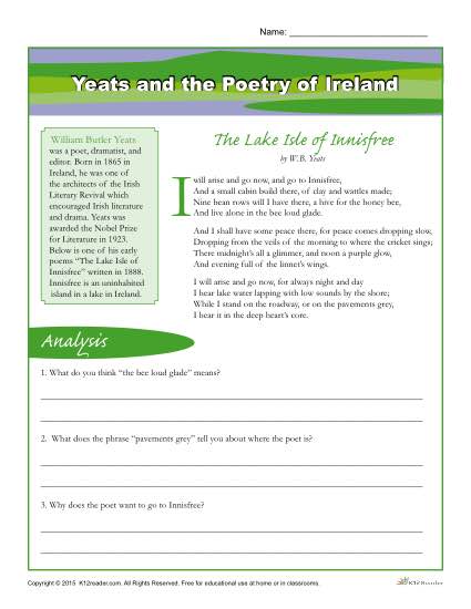 Yeats and the Poetry of Ireland - St. Patrick's Day Printable Worksheet